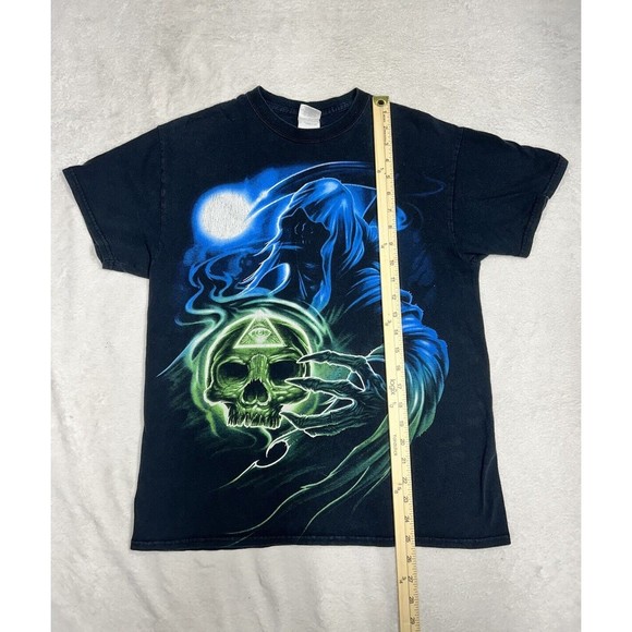 Vtg Y2K Grim Reaper Skull Gothic Illuminate Black Graphic T-Shirt Size Medium - Picture 6 of 7